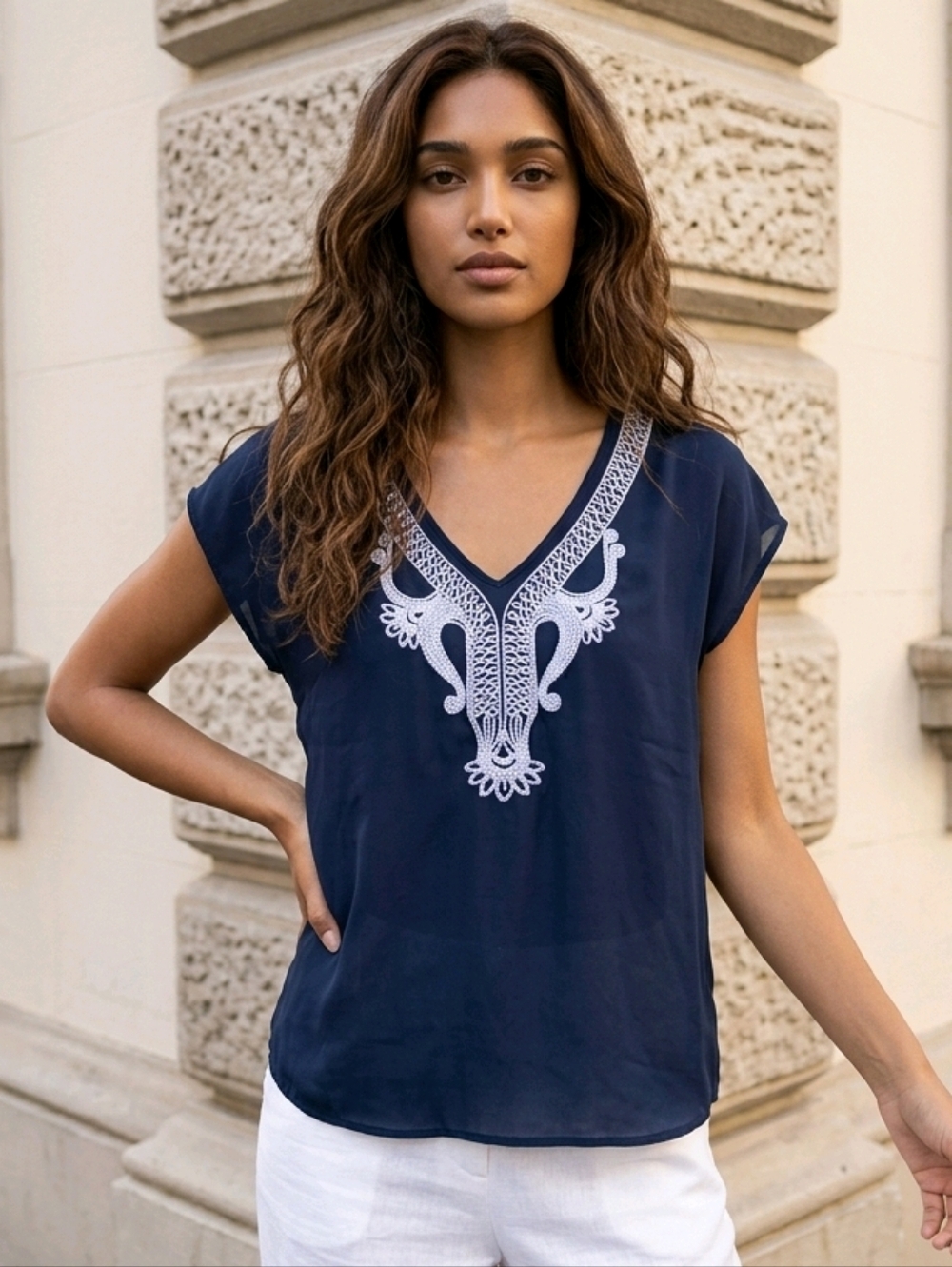 Navy Embroidered Blouse XS Trixxi Dolman Chiffon Breezy Coastal Chic Summer Top